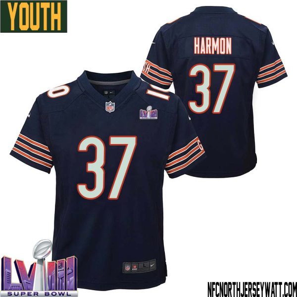 Duron Harmon No 37 Chicago Bears Super Bowl Lviii Home Game Jersey Navy For Youth – Replica