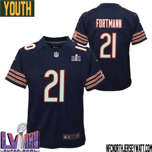 Dan Fortmann No 21 Chicago Bears Super Bowl LVIII Home Game Jersey Navy for Youth – Replica