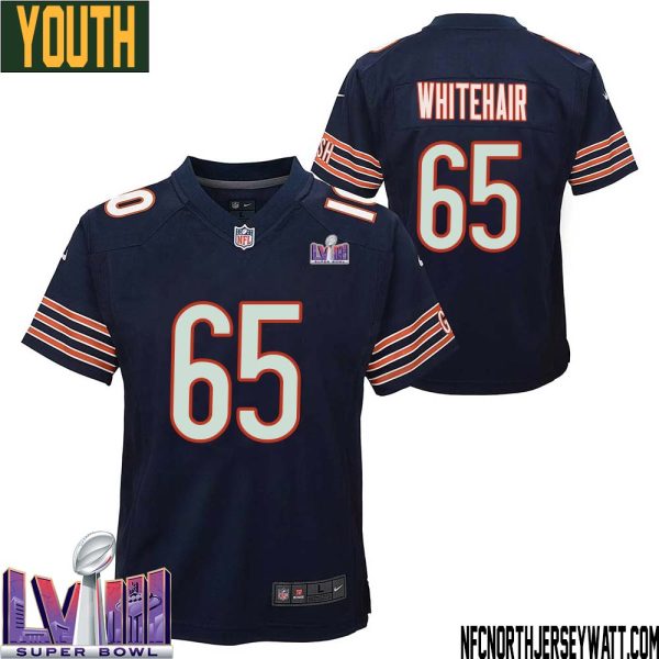 Cody Whitehair No 65 Chicago Bears Super Bowl LVIII Home Game Jersey Navy for Youth – Replica