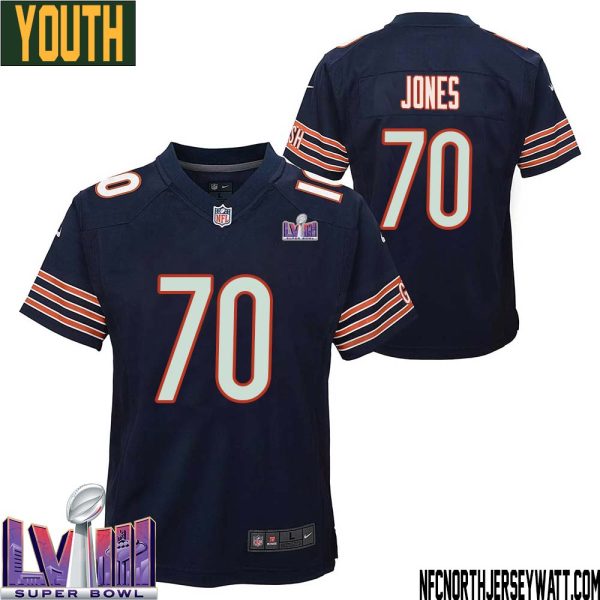 Braxton Jones No 70 Chicago Bears Super Bowl Lviii Home Game Jersey Navy For Youth – Replica