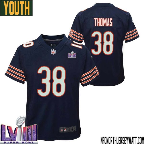 A.j. Thomas No 38 Chicago Bears Super Bowl Lviii Home Game Jersey Navy For Youth – Replica