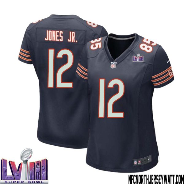 Velus Jones Jr. No 12 Chicago Bears Super Bowl LVIII Home Game Jersey Navy for Women – Replica