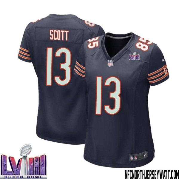 Tyler Scott No 13 Chicago Bears Super Bowl Lviii Home Game Jersey Navy For Women – Replica