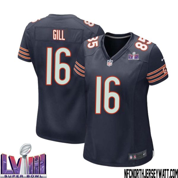 Trenton Gill No 16 Chicago Bears Super Bowl Lviii Home Game Jersey Navy For Women – Replica