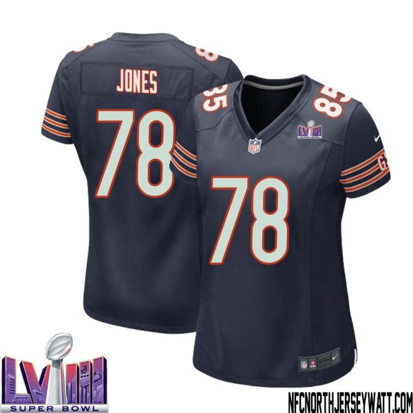 Stan Jones No 78 Chicago Bears Super Bowl Lviii Home Game Jersey Navy For Women – Replica