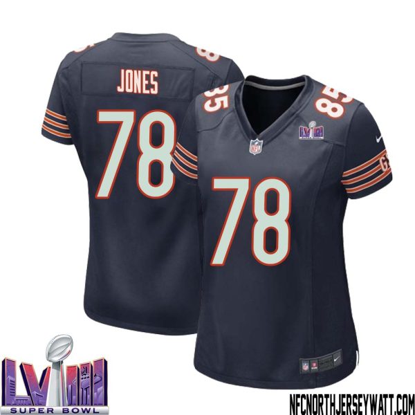 Stan Jones No 78 Chicago Bears Super Bowl LVIII Home Game Jersey Navy for Women – Replica