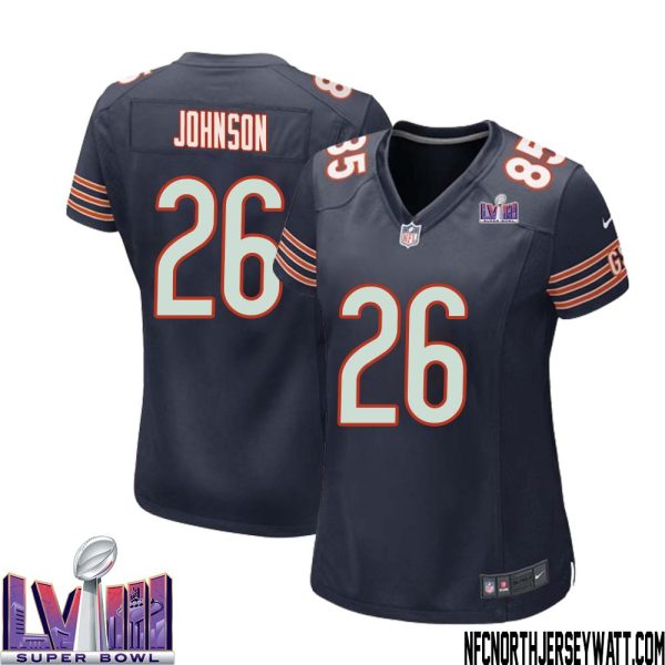 Quindell Johnson No 26 Chicago Bears Super Bowl LVIII Home Game Jersey Navy for Women – Replica