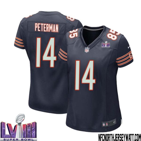 Nathan Peterman No 14 Chicago Bears Super Bowl LVIII Home Game Jersey Navy for Women – Replica