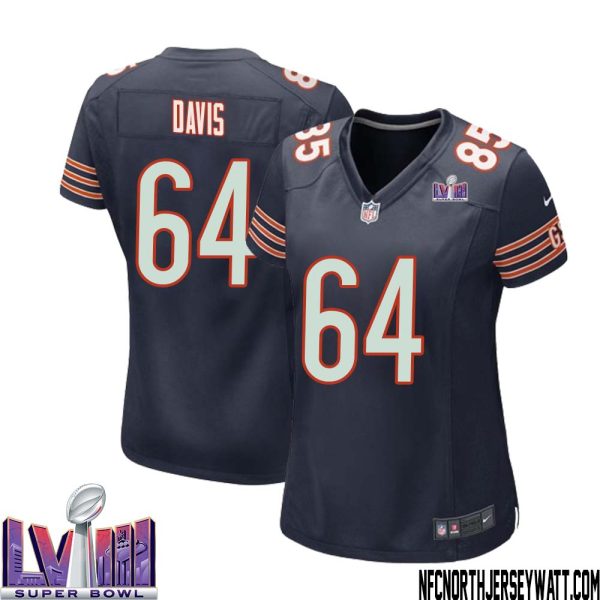 Nate Davis No 64 Chicago Bears Super Bowl Lviii Home Game Jersey Navy For Women – Replica