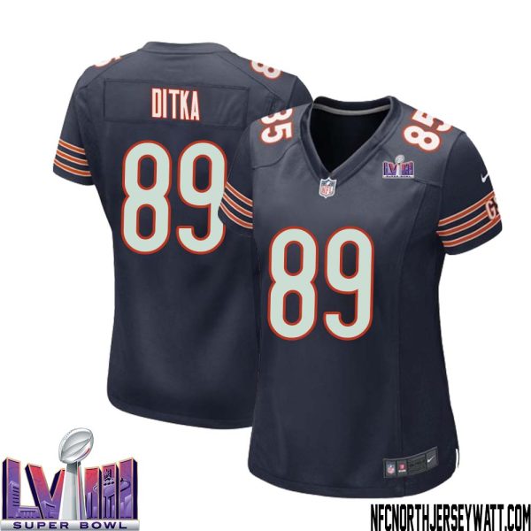 Mike Ditka No 89 Chicago Bears Super Bowl Lviii Home Game Jersey Navy For Women – Replica
