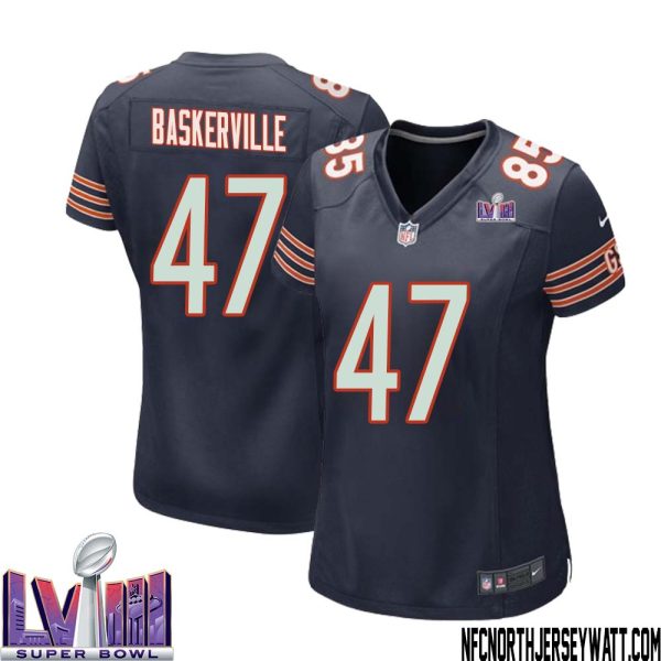 Micah Baskerville No 47 Chicago Bears Super Bowl LVIII Home Game Jersey Navy for Women – Replica