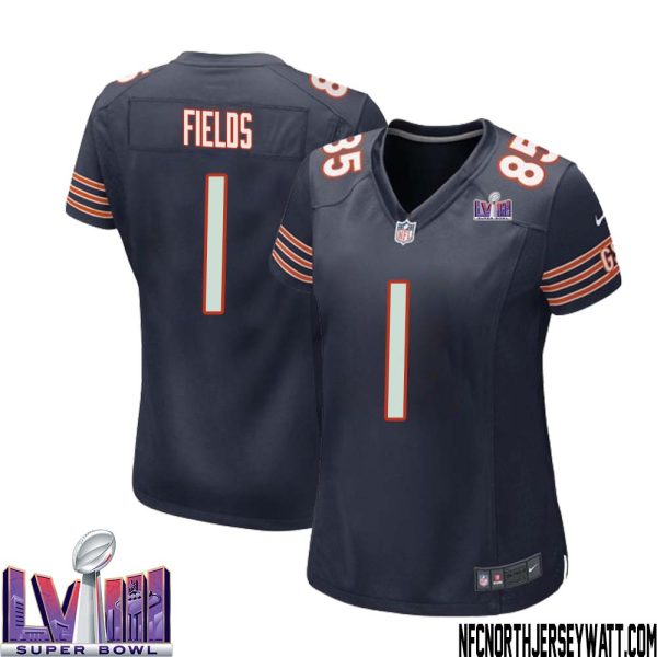 Justin Fields No 1 Chicago Bears Super Bowl LVIII Home Game Jersey Navy for Women – Replica