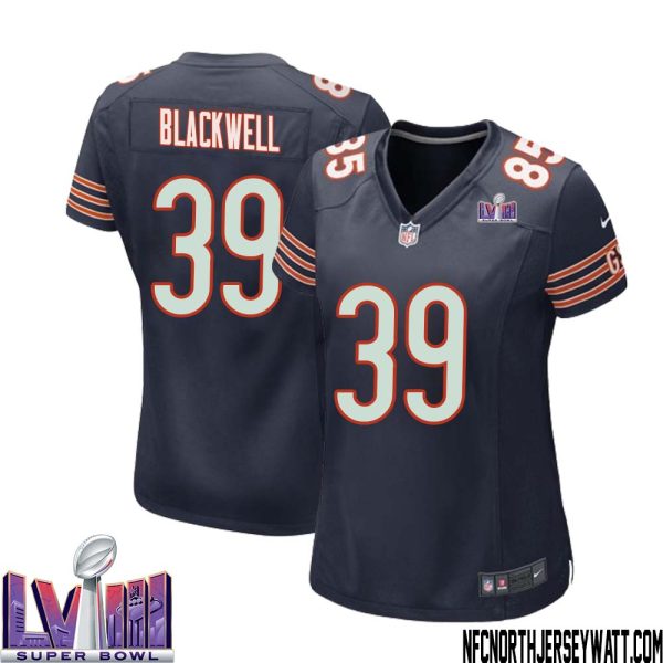 Josh Blackwell No 39 Chicago Bears Super Bowl LVIII Home Game Jersey Navy for Women – Replica