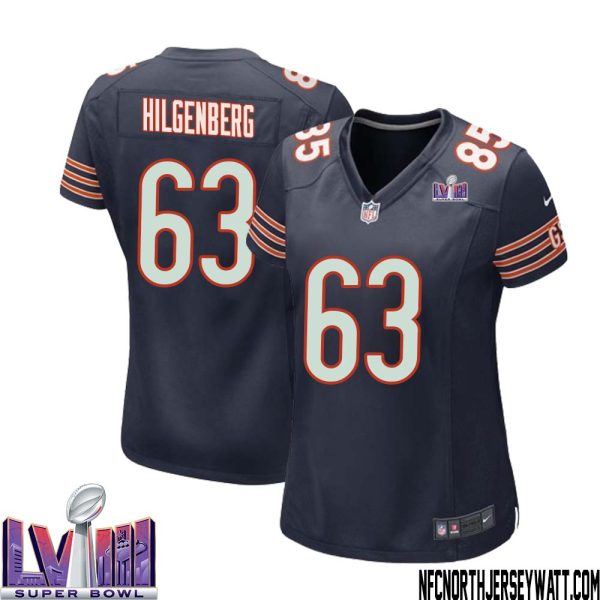 Jay Hilgenberg No 63 Chicago Bears Super Bowl Lviii Home Game Jersey Navy For Women – Replica