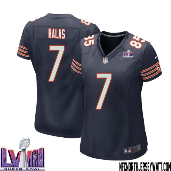 George Halas No 7 Chicago Bears Super Bowl Lviii Home Game Jersey Navy For Women – Replica