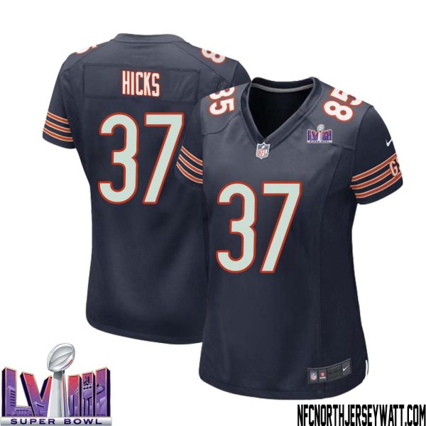 Elijah Hicks No 37 Chicago Bears Super Bowl Lviii Home Game Jersey Navy For Women – Replica