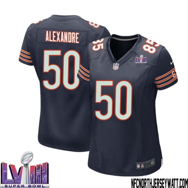Deslin Alexandre No 50 Chicago Bears Super Bowl Lviii Home Game Jersey Navy For Women – Replica