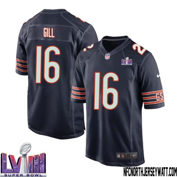 Trenton Gill No 16 Chicago Bears Super Bowl Lviii Home Game Jersey Navy For Men – Replica