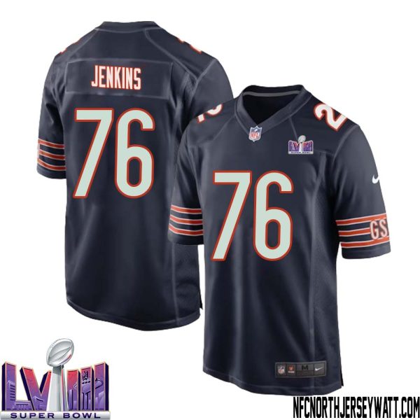 Teven Jenkins No 76 Chicago Bears Super Bowl LVIII Home Game Jersey Navy for Men – Replica