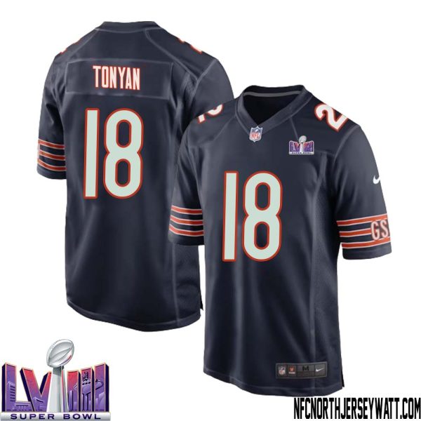 Robert Tonyan No 18 Chicago Bears Super Bowl Lviii Home Game Jersey Navy For Men – Replica