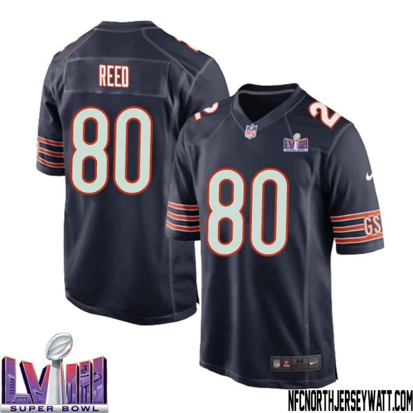 Joe Reed No 80 Chicago Bears Super Bowl Lviii Home Game Jersey Navy For Men – Replica