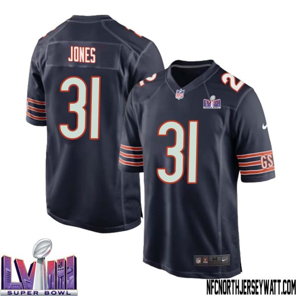 Jaylon Jones No 31 Chicago Bears Super Bowl LVIII Home Game Jersey Navy for Men – Replica