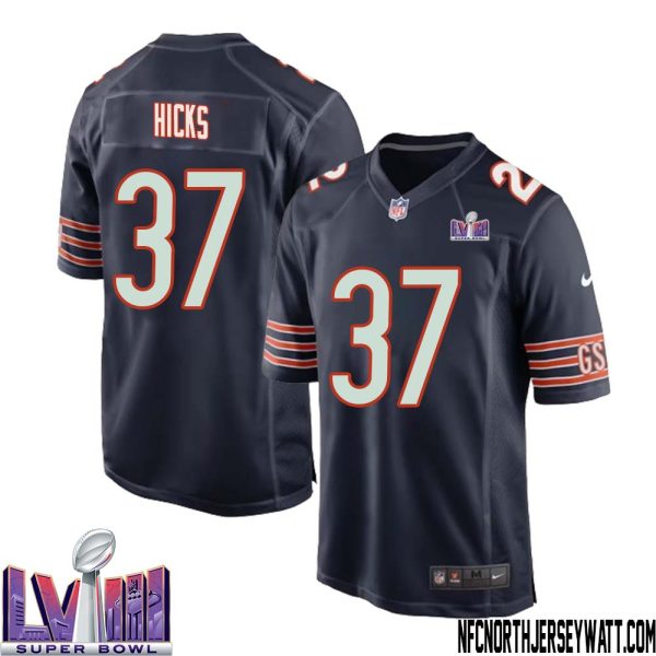 Elijah Hicks No 37 Chicago Bears Super Bowl Lviii Home Game Jersey Navy For Men – Replica