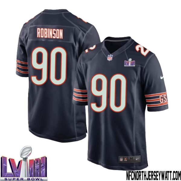 Dominique Robinson No 90 Chicago Bears Super Bowl Lviii Home Game Jersey Navy For Men – Replica