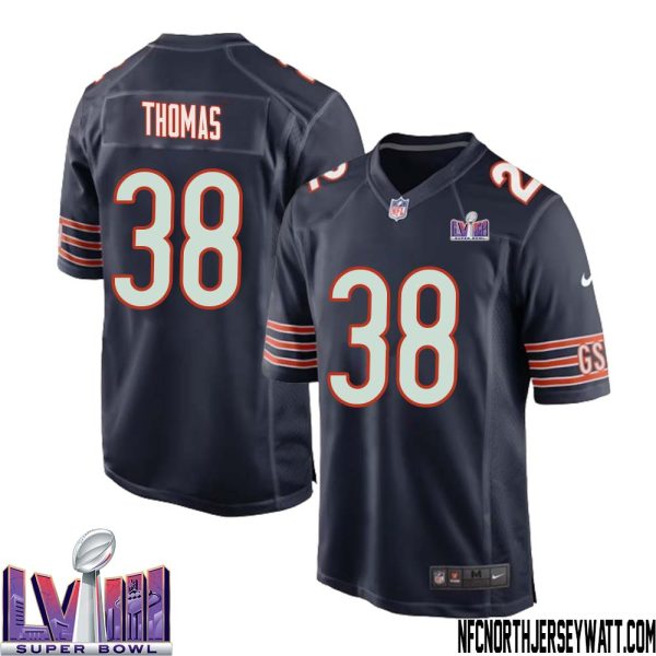 A.J. Thomas No 38 Chicago Bears Super Bowl LVIII Home Game Jersey Navy for Men – Replica