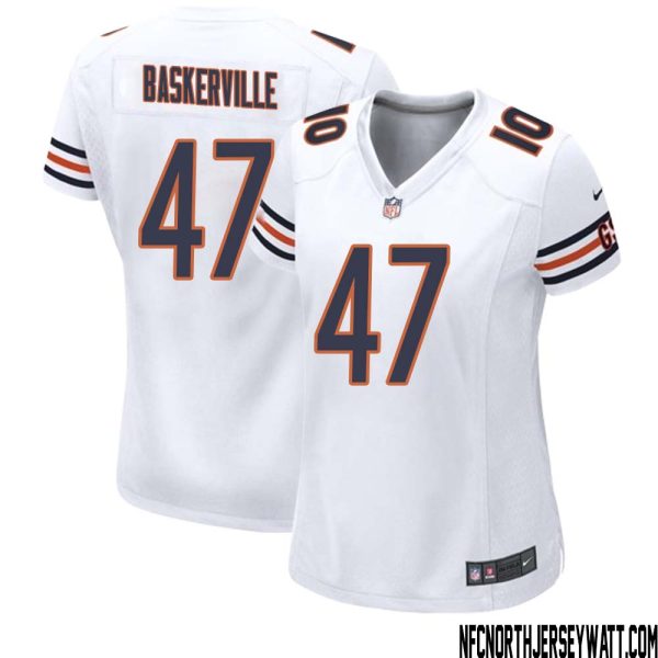 Micah Baskerville No 47 Women White Chicago Bears Away Game Jersey – Replica