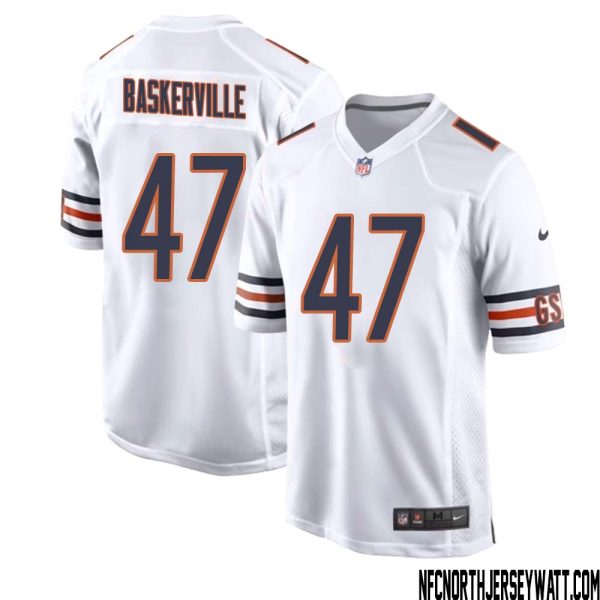 Micah Baskerville No 47 Men White Chicago Bears Away Game Jersey – Replica