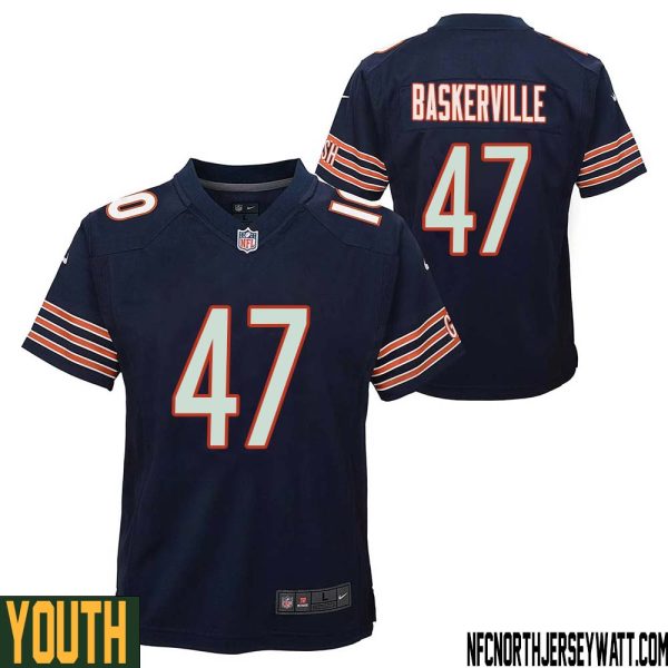 Micah Baskerville No 47 Chicago Bears Home Game Navy Jersey For Youth – Replica