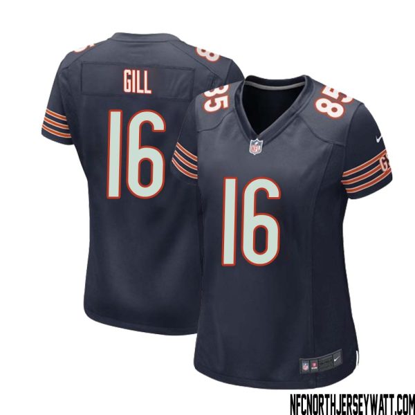 Trenton Gill No 16 Chicago Bears Home Game Navy Jersey For Women – Replica