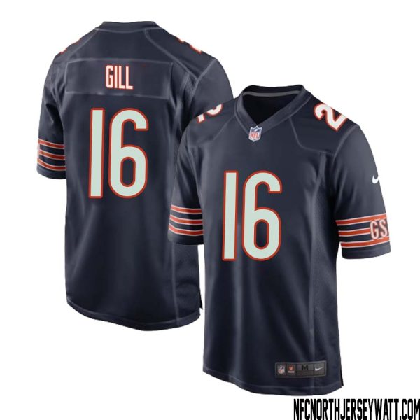 Trenton Gill No 16 Chicago Bears Home Game Navy Jersey For Men – Replica