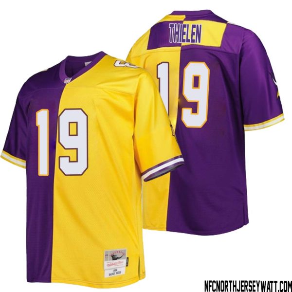 Adam Thielen No 19 Men Mitchell & Ness Purple Gold Minnesota Vikings Big & Tall Split Legacy Retired Player Replica Jersey