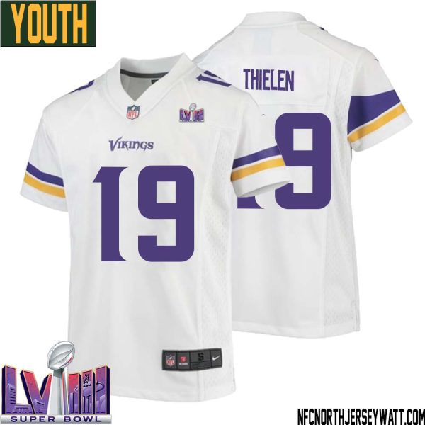 Adam Thielen No 19 Minnesota Vikings Super Bowl Lviii Away Game Jersey White For Youth – Replica