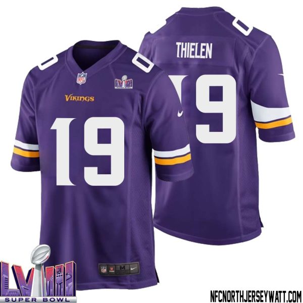 Adam Thielen No 19 Minnesota Vikings Super Bowl Lviii Home Game Jersey Court Purple For Mens – Replica