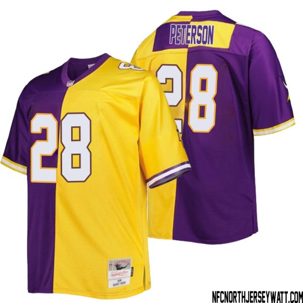 Adrian Peterson No 28 Men Mitchell & Ness Purple Gold Minnesota Vikings Big & Tall Split Legacy Retired Player Replica Jersey