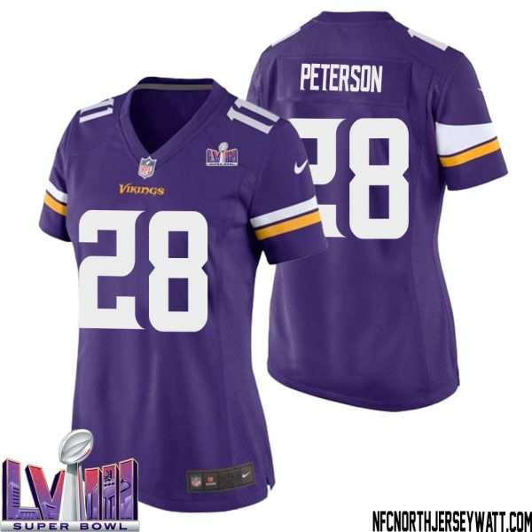 Adrian Peterson No 28 Minnesota Vikings Super Bowl Lviii Home Game Jersey Court Purple For Women – Replica