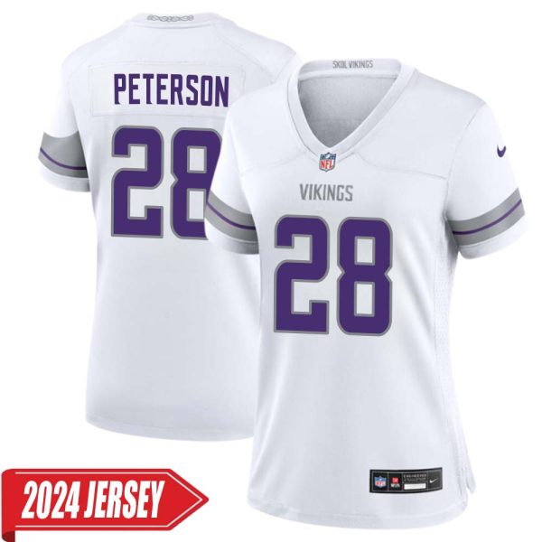 Adrian Peterson No 28 Woman’S Minnesota Vikings White Alternate Custom Game 2024 Jersey