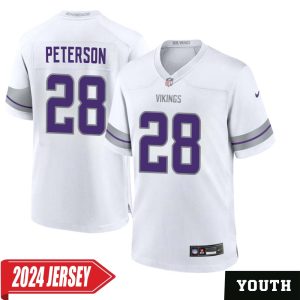 Adrian Peterson No 28 Youth’s Minnesota Vikings White Alternate Custom Game 2024 Jersey