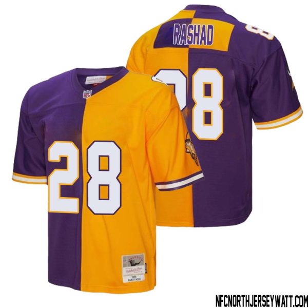Ahmad Rashad No 28 Men Mitchell & Ness Purple Gold Minnesota Vikings 1998 Split Legacy Replica Jersey