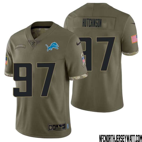 Aidan Hutchinson No 97 Men Olive Detroit Lions 2022 Salute To Service Retired Player Limited Jersey – Replica