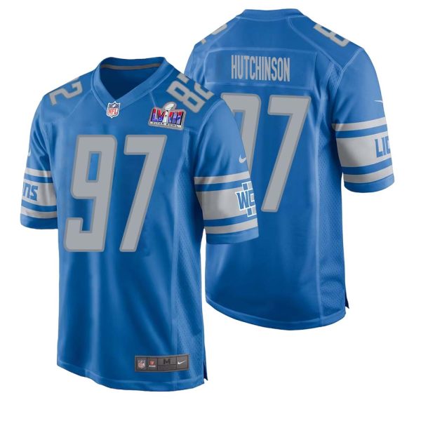 Aidan Hutchinson No 97 Mens Custom Blue Detroit Lions Super Bowl LVIII Player Home Game Jersey