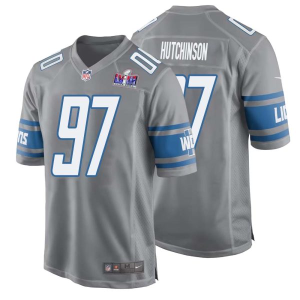 Aidan Hutchinson No 97 Mens Custom Gray Detroit Lions Alternate Super Bowl LVIII Game Jersey