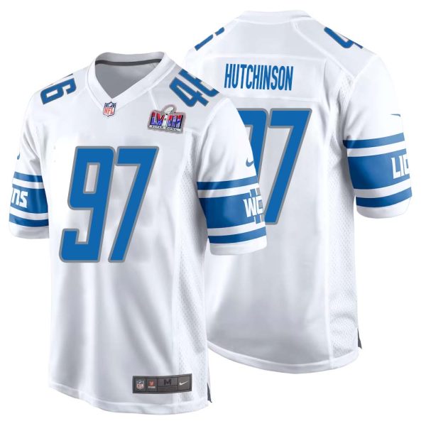 Aidan Hutchinson No 97 Mens Custom White Detroit Lions Super Bowl Lviii Away Game Jersey