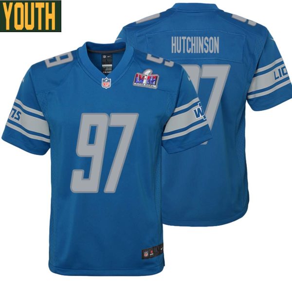 Aidan Hutchinson No 97 Youths Custom Blue Detroit Lions Super Bowl Lviii Player Home Game Jersey