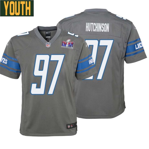 Aidan Hutchinson No 97 Youths Custom Gray Detroit Lions Alternate Super Bowl LVIII Game Jersey