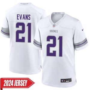Akayleb Evans No 21 Men’s Minnesota Vikings White Alternate Custom Game 2024 Jersey