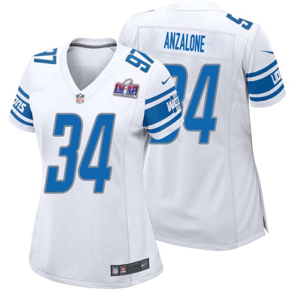 Alex Anzalone No 34 Womens Custom White Detroit Lions Super Bowl Lviii Away Game Jersey